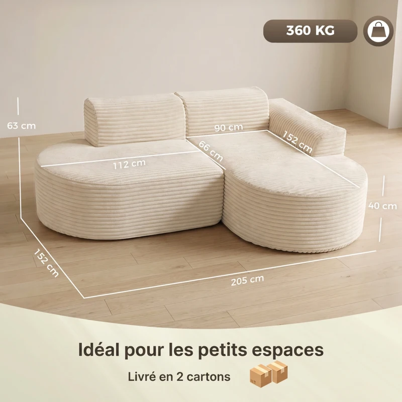 HOMCOM Ecksofa 3-Sitzer 205 cm Cordvelours, vakuumkomprimiertes geschwungenes L‑förmiges Sofa, tiefe Sitzfläche, Beige