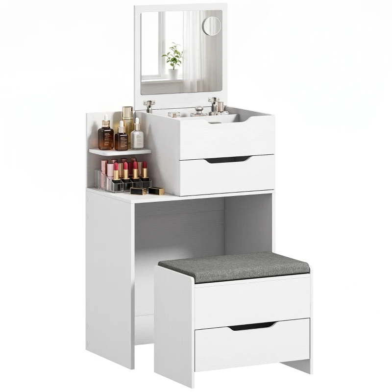 HOMCOM Penteadeira com espelho e banqueta com espelho dobrável, mesa de maquiagem com gavetas, Branco