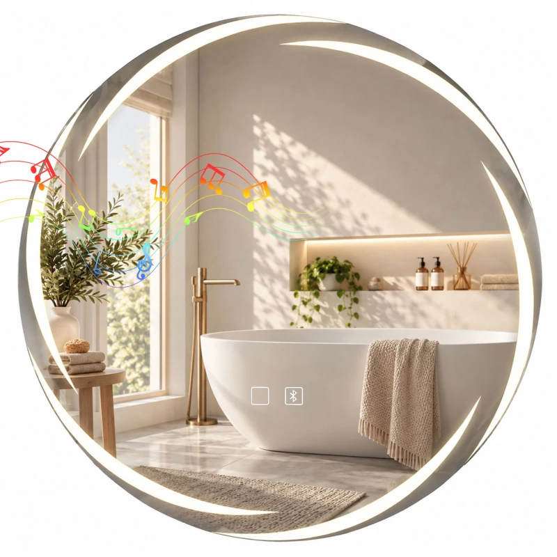 HOMCOM Oglindă de baie rotundă Ø60 cm cu LED, iluminare frontală & de fundal, anti-aburire, difuzor Bluetooth, reglabilă