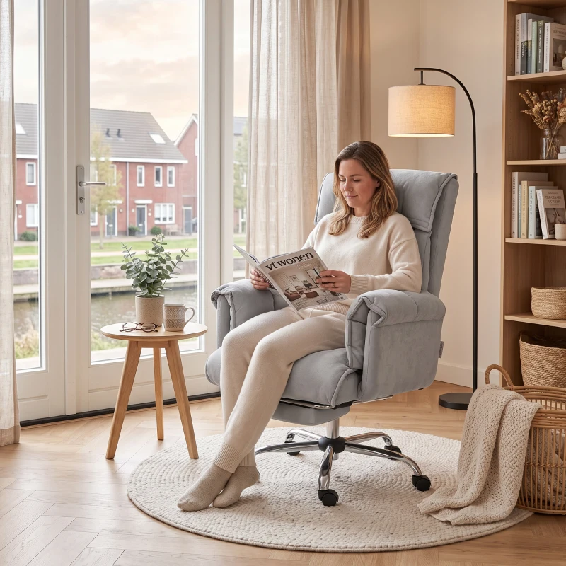 HOMCOM Bureaustoel met voetensteun, verstelbare rugleuning, hoge rugleuning en armleuningen, comfortabele thuiswerkstoel, grijs