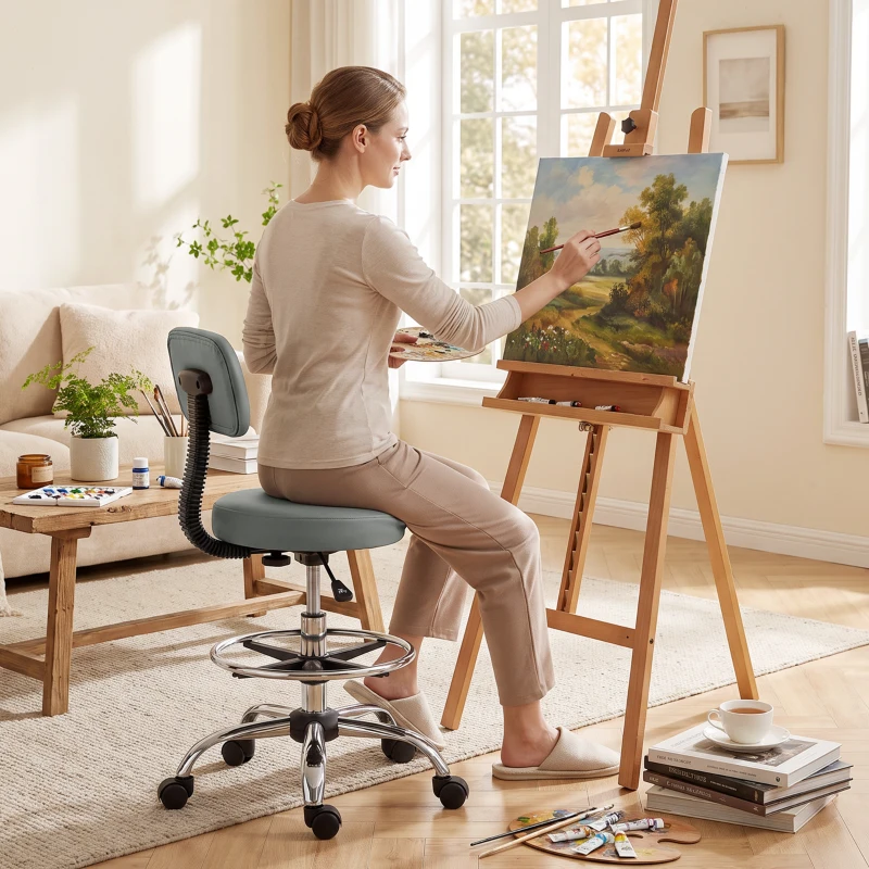 HOMCOM Silla Giratoria de Altura Ajustable con Reposapiés, en Acero, Piel Sintética y Espuma, 52x52x78-92 cm, Gris Claro