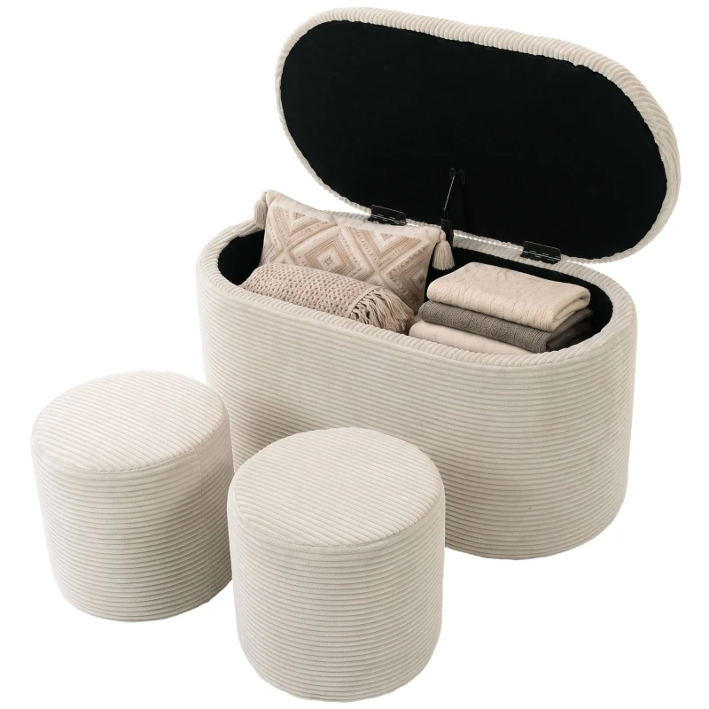 HOMCOM Bancă de depozitare din catifea taburet-cofret de depozitare tip nesting 3 în 1 cu 2 taburete mici integrate 82x43x44cm bej