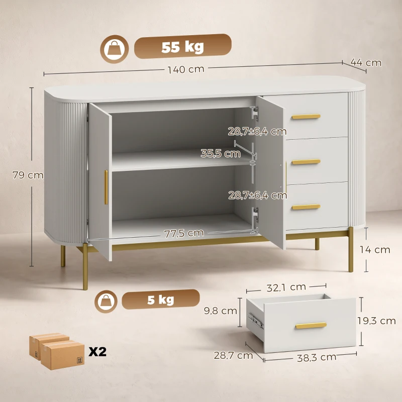 HOMCOM Aparador de Salón, Mueble de Almacenamiento con 2 Puertas, 3 Cajones, Balda Regulable y Frente Acanalado, 140x44x79cm, Gris Claro