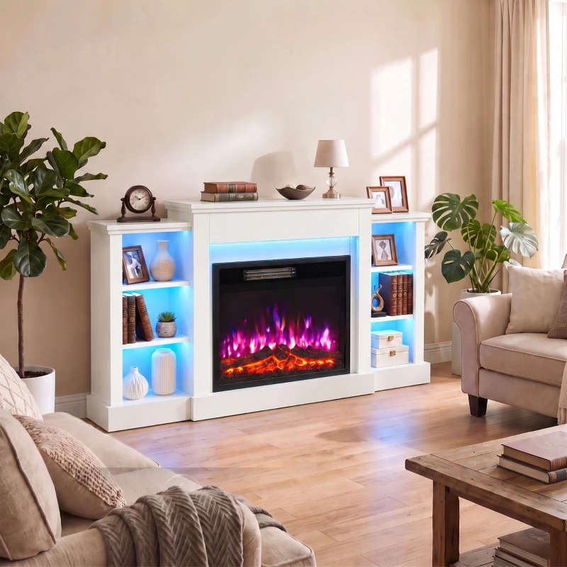 HOMCOM Șemineu Electric Comodă TV pentru televizoare de până la 165 cm cu 6 rafturi Efect flacără 3D 12 culori Bandă LED RGB Alb