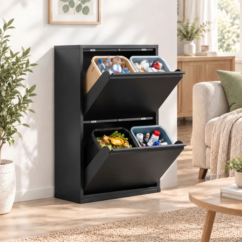 HOMCOM Armário de lixo 60L com compartimentos basculantes, lixeira de reciclagem 4 vias, estreito, Soft-Close, recipientes internos removíveis, Preto
