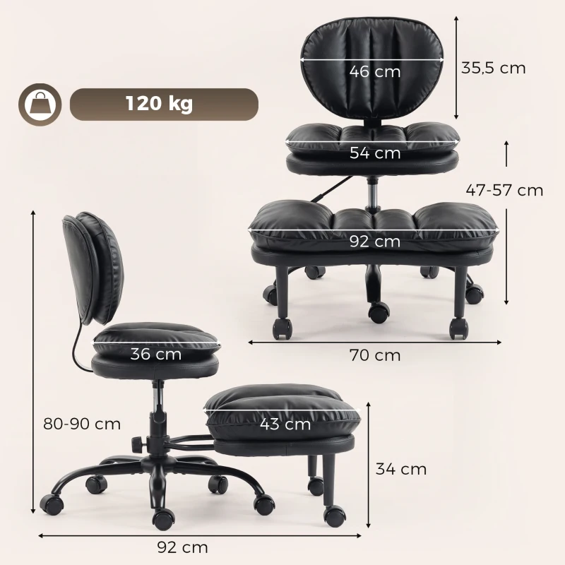 HOMCOM Cadeira de Escritório Ergonômica para Pernas Cruzadas, Cadeira de Meditação Giratória 360° com Rodízios, Apoio para os Pés Removível, Preto