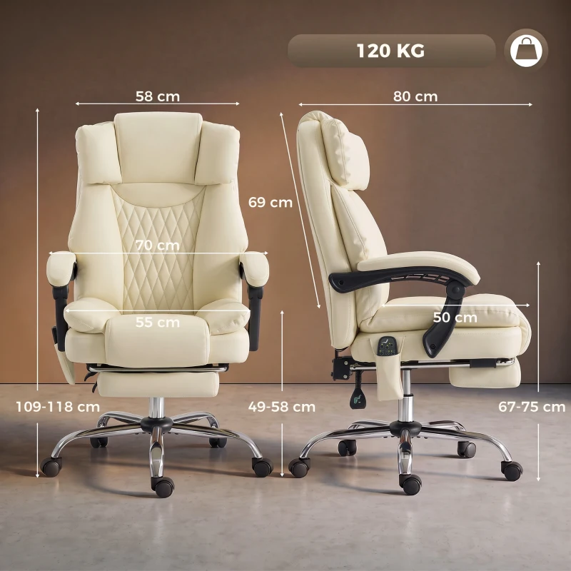 HOMCOM Fauteuil de Bureau avec 6 Points de Massage Chaleur Lombaire Repose-Pieds Hauteur Réglable Télécommande et Tissu PU Beige