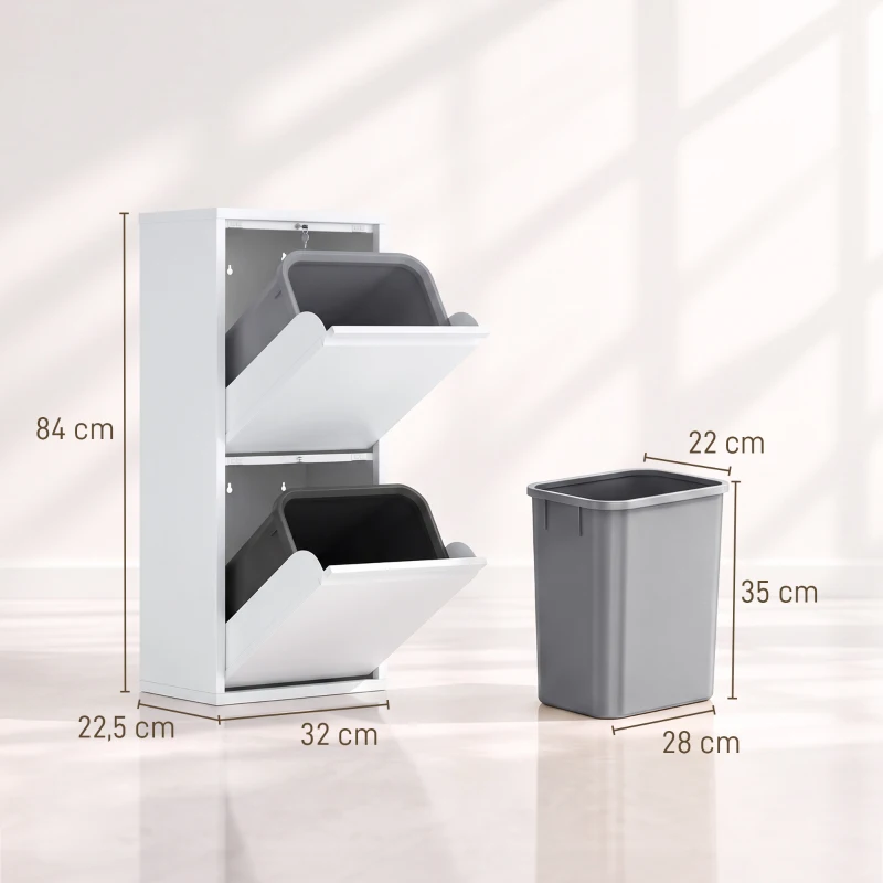 HOMCOM Móvel Lixeira de Triagem, Lixeira de Reciclagem 30 L (2 x 15 L) com 2 Compartimentos, Fecho Suave, Branco