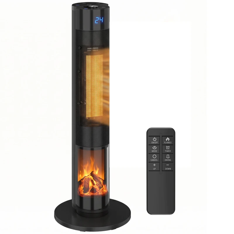 HOMCOM Încălzitor Electric Ceramic PTC 2000W cu 5 Moduri App Wi‑Fi Flăcări 3D Telecomandă Protecție la Supraîncălzire Negru