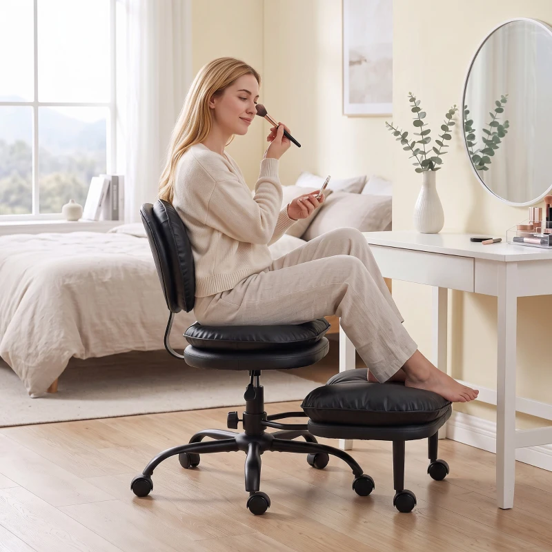 HOMCOM Cadeira de Escritório Ergonômica para Pernas Cruzadas, Cadeira de Meditação Giratória 360° com Rodízios, Apoio para os Pés Removível, Preto
