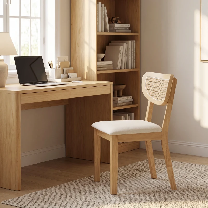 HOMCOM Lote de 2 Sillas de Comedor, Sillas de Cocina Tapizadas en Lino, Respaldo Efecto Ratán y Patas de Hevea, Beige