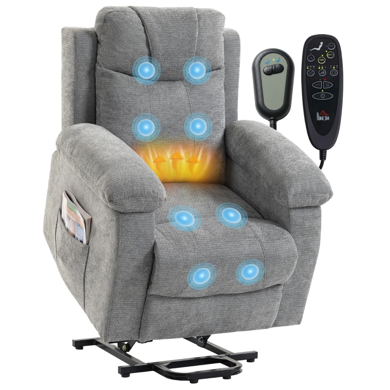 HOMCOM Elektrischer Aufstehsessel mit Vibrationsmassage und Wärme Elektrischer Relaxsessel aus Chenille Verstellbare Rückenlehne Grau