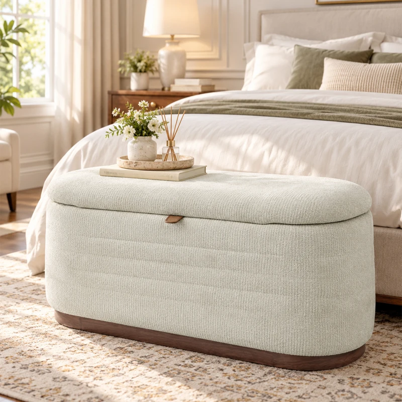 HOMCOM Banc de depozitare oval modern din țesătură chenille, cufăr la capătul patului, suport 220 kg, 91 x 40,5 x 45 cm, Bej