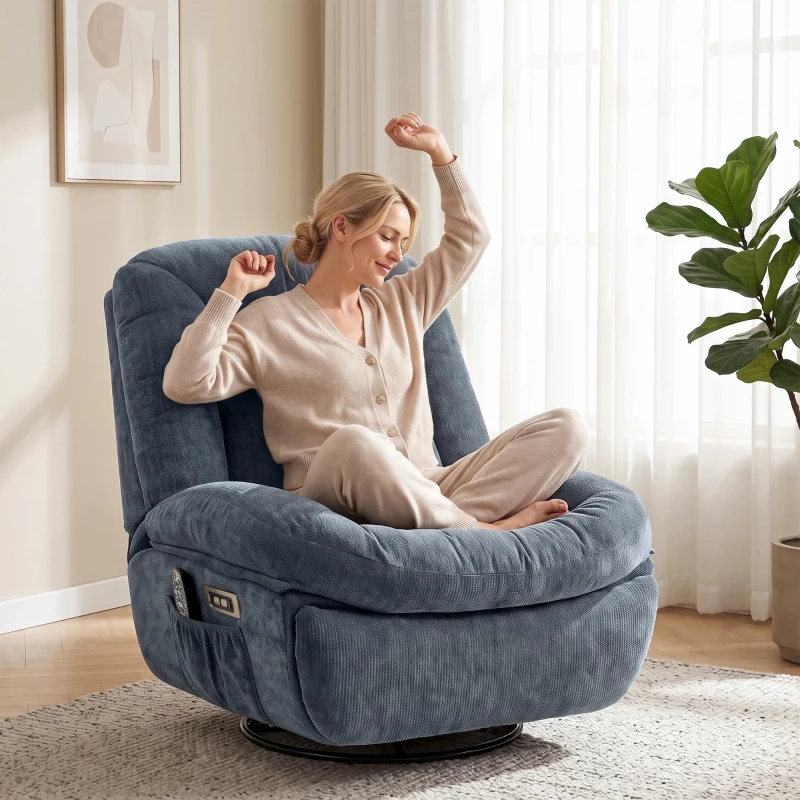 HOMCOM Fauteuil Relax Réclinable Électrique avec Chauffage Lombaire Massage Pivotant et Bascule Repose-pieds Assise Extra-large Port USB Bleu