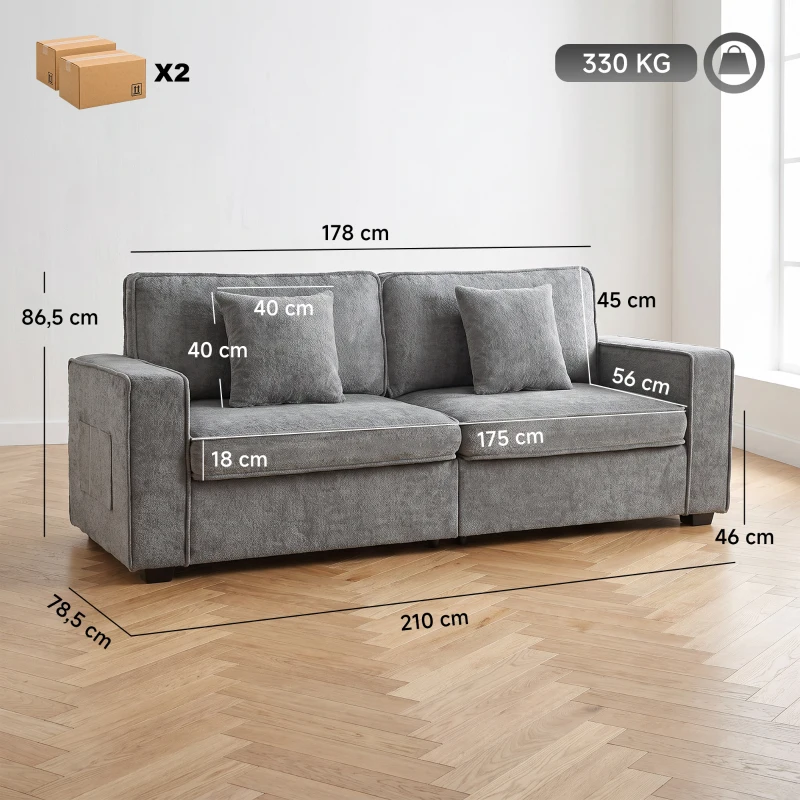 HOMCOM 3‑Sitzer‑Sofa mit Chenille‑Bezug, Seitentaschen, 2 Kissen, Armlehnen, Federkern 210x78,5x86,5 cm Grau