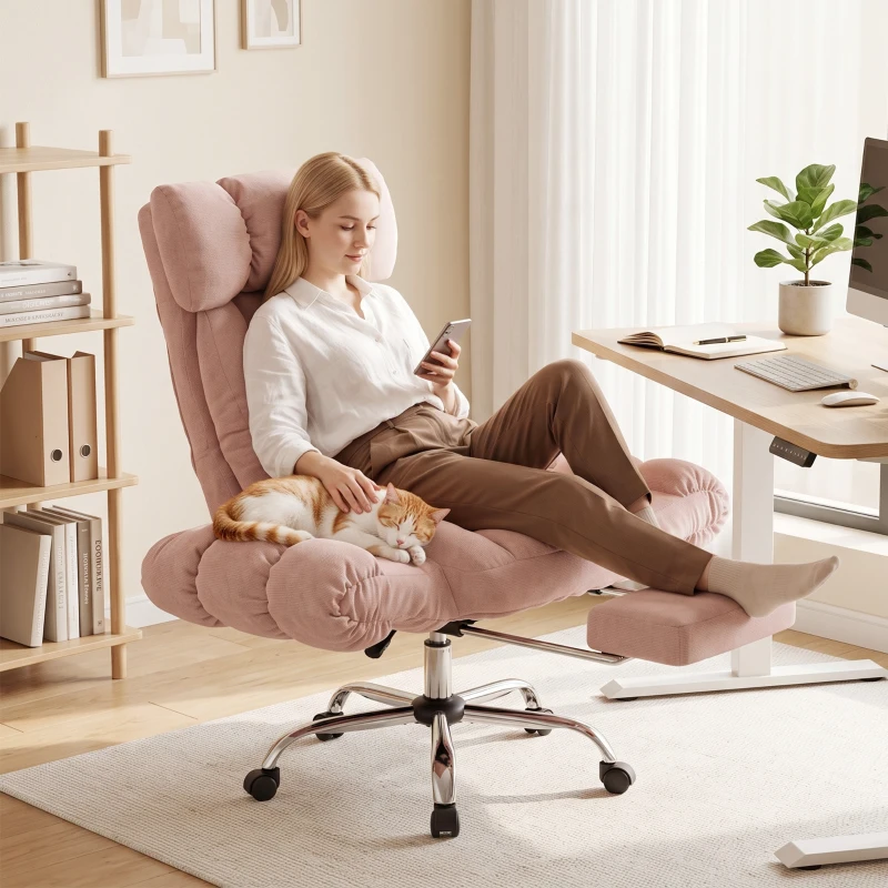 HOMCOM Chaise de bureau ergonomique avec repose-pieds accoudoirs et dossier haut rabattables inclinable 135° hauteur réglable Rose