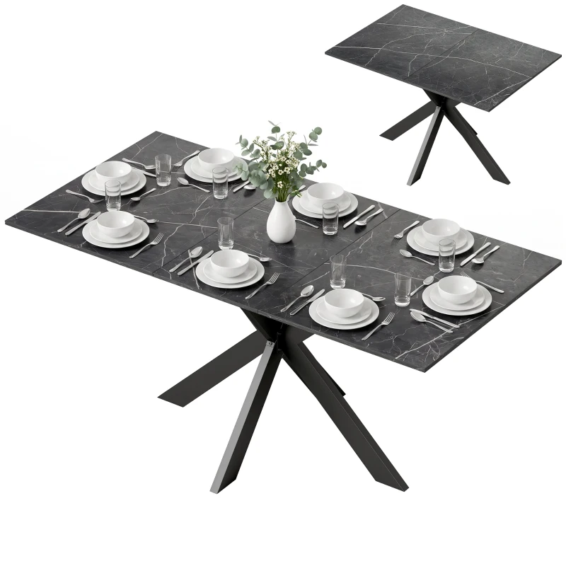 HOMCOM Mesa de Jantar Extensível para 4 a 8 Pessoas, 120-160 cm, Tampo com Efeito Mármore, Pés Cruzados em Aço, Preto