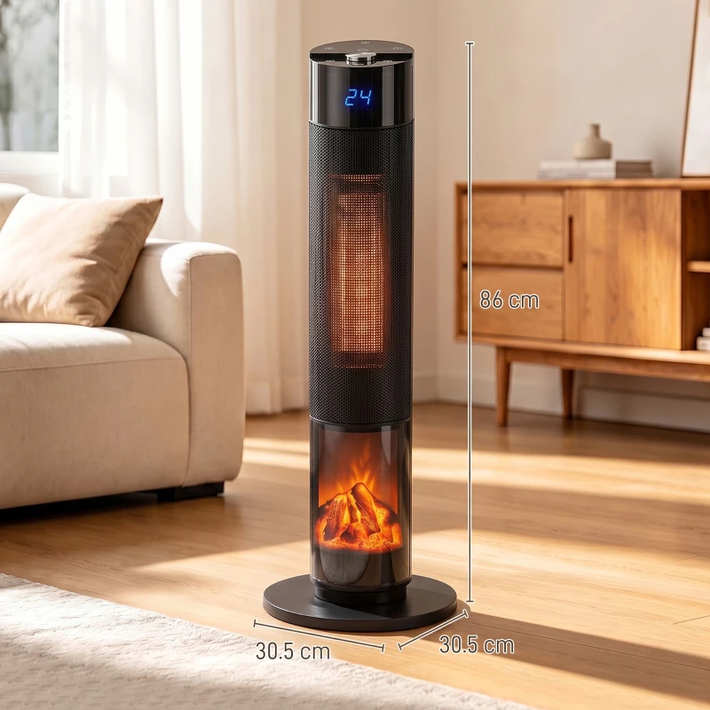 HOMCOM Încălzitor Electric Ceramic PTC 2000W cu 5 Moduri App Wi‑Fi Flăcări 3D Telecomandă Protecție la Supraîncălzire Negru