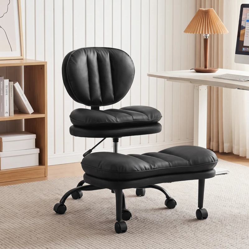 HOMCOM Cadeira de Escritório Ergonômica para Pernas Cruzadas, Cadeira de Meditação Giratória 360° com Rodízios, Apoio para os Pés Removível, Preto