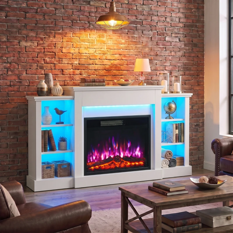 HOMCOM Lareira Elétrica Móvel para TV até 165 cm com 6 Prateleiras Efeito Chama 3D 12 Cores Fita LED RGB Branco