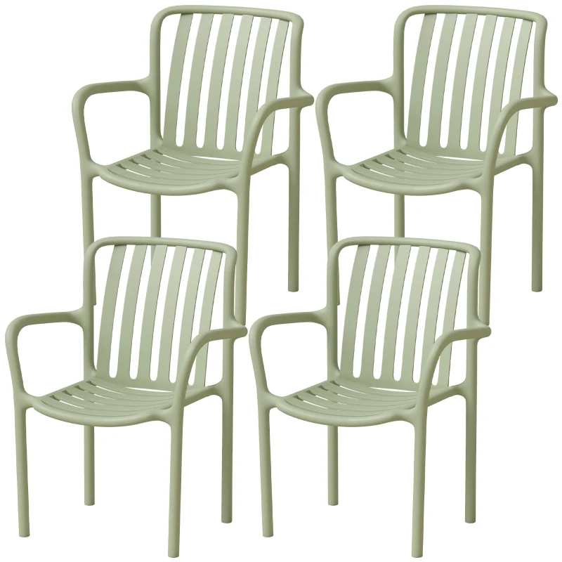 HOMCOM Lote de 4 Sillas de Comedor, Sillas de Cocina Apilables en PP con Respaldo Curvado Calado y Reposabrazos, Verde