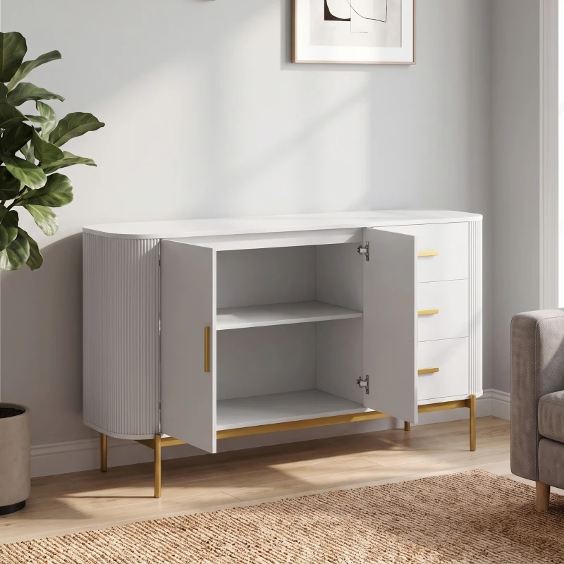 HOMCOM Aparador de Salón, Mueble de Almacenamiento con 2 Puertas, 3 Cajones, Balda Regulable y Frente Acanalado, 140x44x79cm, Gris Claro