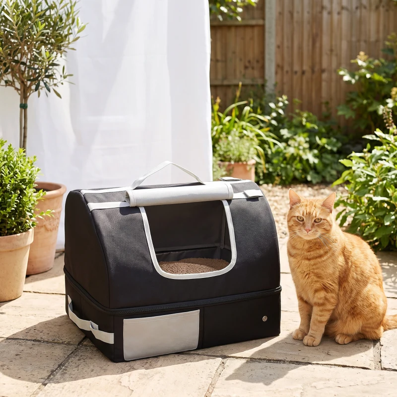 PawHut Caixa sanitária portátil para viagens com zíper & tampa, caixa sanitária dobrável para viagem, para uso interno & externo, Preto