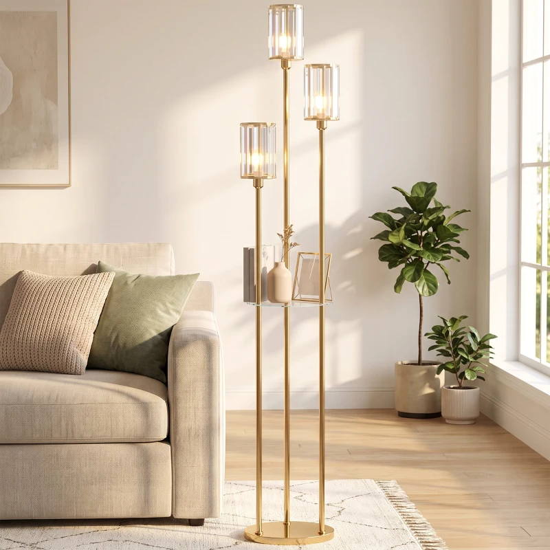 HOMCOM Lampadar Raft Sticlă 3 Lumini Lampă de Podea Abajur Sticlă Auriu