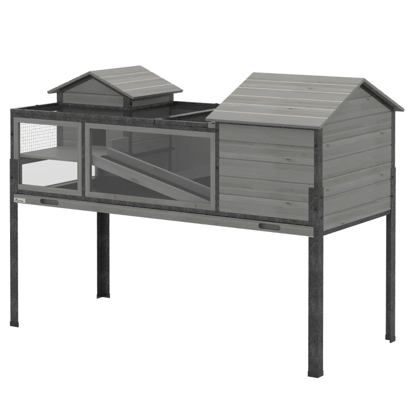PawHut Casa para tortugas de madera de 2 niveles, recinto para tortugas con 2 viviendas principales, ventanas acrílicas, techo abatible, bandeja extraíble Gris