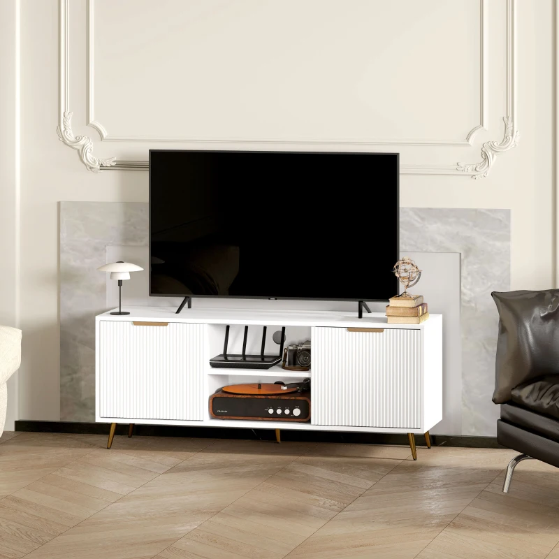 Comodă TV HOMCOM cu spațiu pentru televizor de până la 140 cm, masă TV modernă cu 2 rafturi deschise și 2 dulapuri, consolă TV pentru living, alb