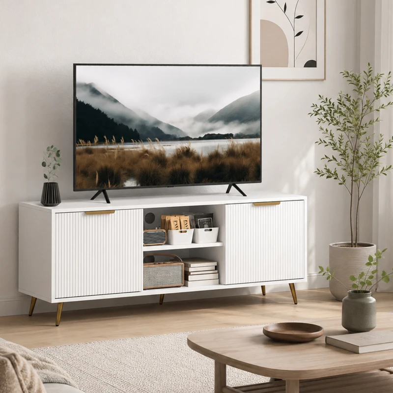 Comodă TV HOMCOM cu spațiu pentru televizor de până la 140 cm, masă TV modernă cu 2 rafturi deschise și 2 dulapuri, consolă TV pentru living, alb