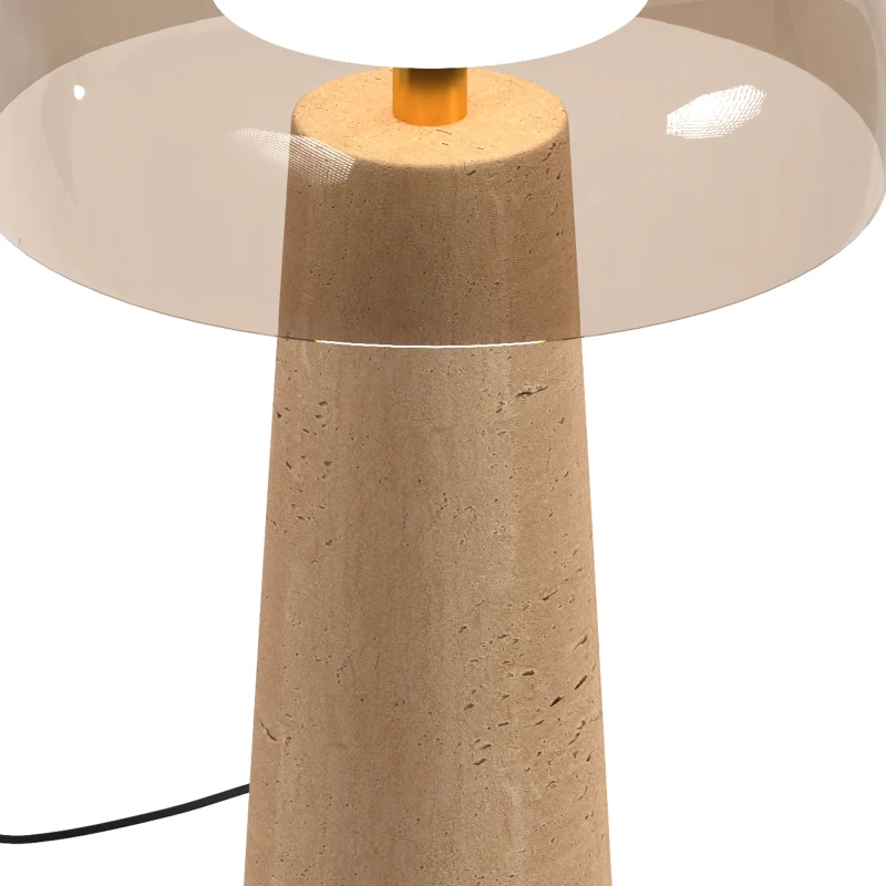 HOMCOM Lámpara de Mesa Vintage con Pantalla de Vidrio y Base de Travertino, Lámpara de Mesita Retro, Luz Cálida 3000 K, Ámbar