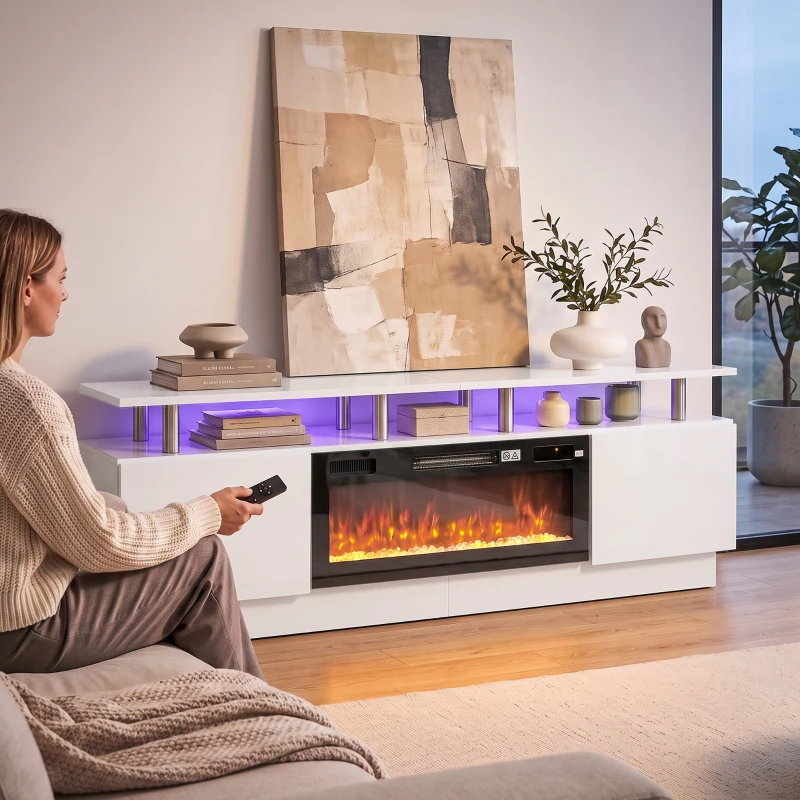HOMCOM Mueble TV con Chimenea Eléctrica 203cm con Iluminación LED Chimenea Decorativa Falsa 900/1800W Efecto Llama 3D Blanco