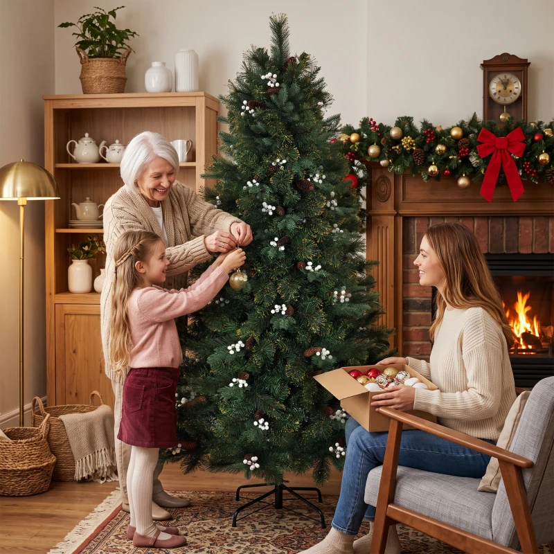 HOMCOM Árbol de Navidad Artificial 180cm, Frondoso Realista, 716 Ramas Ignífugas, 63 Bayas Blancas, 63 Grandes Bayas