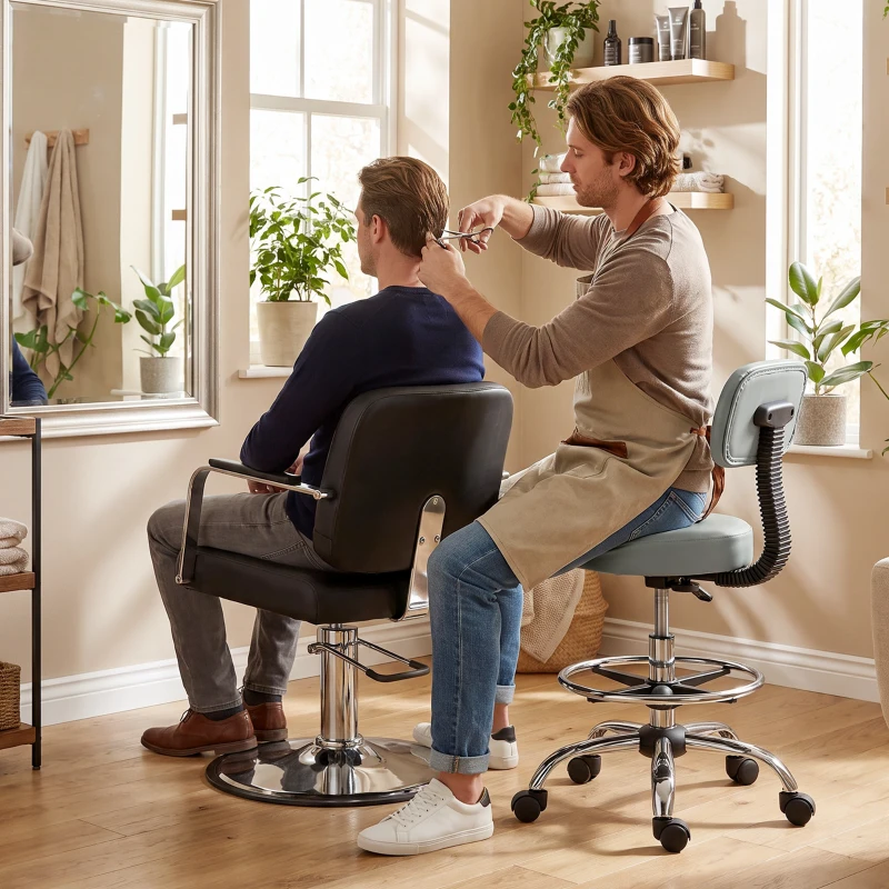 HOMCOM Silla Giratoria de Altura Ajustable con Reposapiés, en Acero, Piel Sintética y Espuma, 52x52x78-92 cm, Gris Claro
