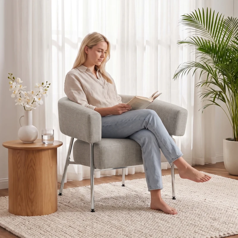 HOMCOM Sillón de salón, Sillón auxiliar acolchado en tejido aspecto lino, Respaldo curvado y reposabrazos, Estilo moderno, Marrón