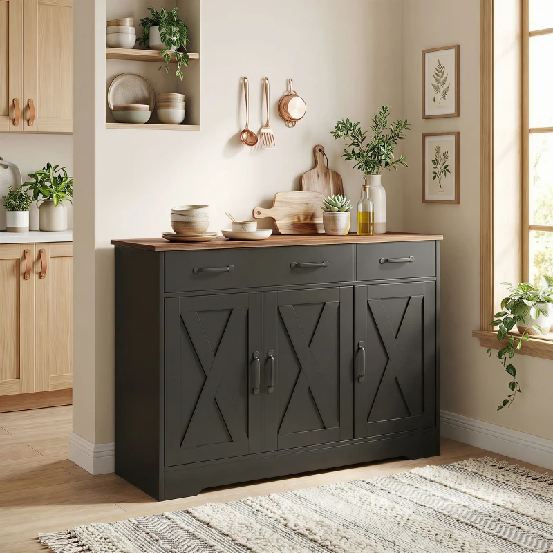 HOMCOM Bufet bucătărie, mobilier de depozitare cu 3 uși tip hambar, 2 sertare și polițe reglabile, 108 x 40 x 81 cm, negru
