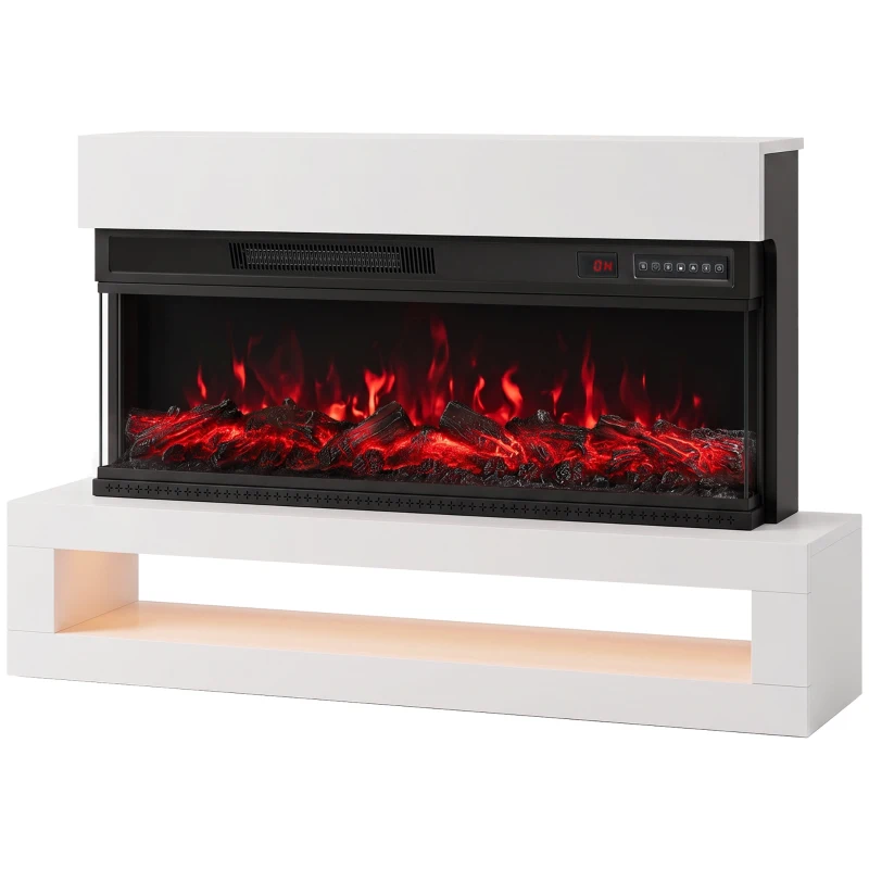 HOMCOM Șemineu Electric Podea/Perete 900/1800W cu Bandă LED, 3 Fețe, Mobilier TV 140 cm, 12 Culori Flacără, Telecomandă, Alb