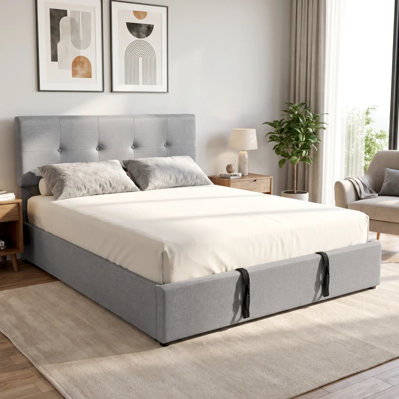 HOMCOM Cama com Compartimento 140 x 190 cm Estofada Efeito Linho, Cinza Escuro
