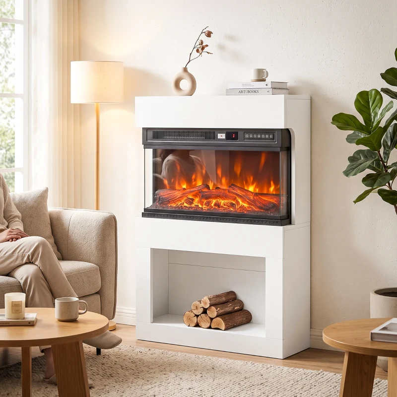 HOMCOM Chimenea eléctrica efecto llama 3D, chimenea de pared con repisa 64 cm Blanco