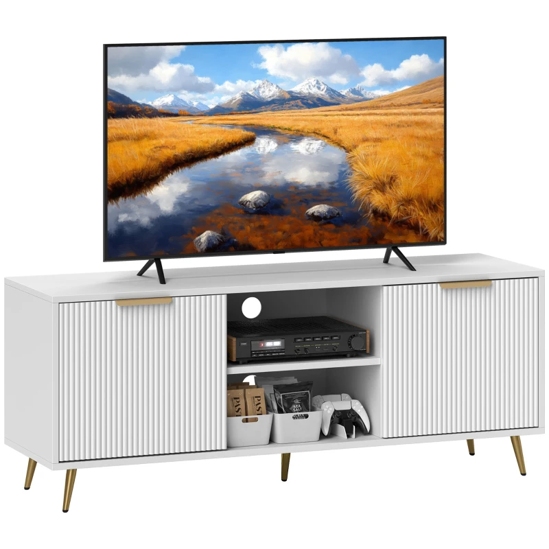 Comodă TV HOMCOM cu spațiu pentru televizor de până la 140 cm, masă TV modernă cu 2 rafturi deschise și 2 dulapuri, consolă TV pentru living, alb