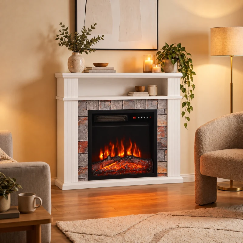 HOMCOM Șemineu Electric Decorativ 1800W cu Poliță, Efect Flăcări 5 Niveluri, Termostat, Temporizator, Telecomandă, Alb