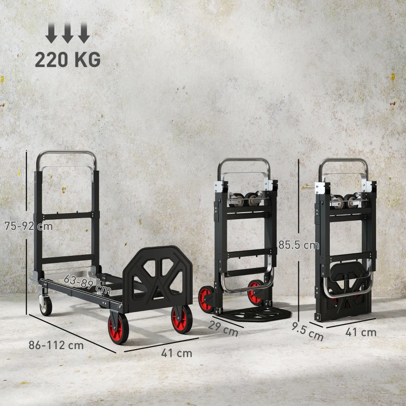 HOMCOM Cărucior Pliabil 2 în 1 Extensibil 220KG Pliere Plat Cărucior Platformă Oțel Mâner Reglabil Roți 360° 112x41x92cm Negru
