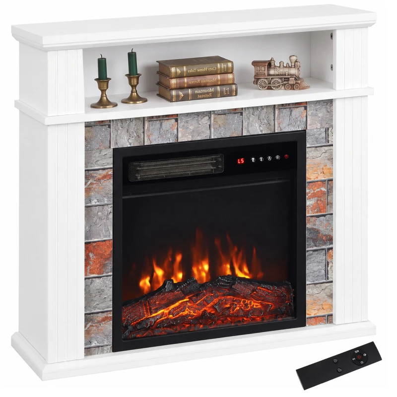 HOMCOM Șemineu Electric Decorativ 1800W cu Poliță, Efect Flăcări 5 Niveluri, Termostat, Temporizator, Telecomandă, Alb