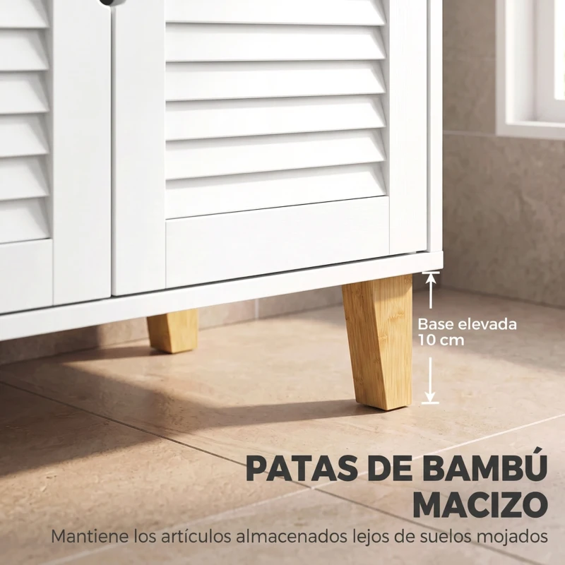 HOMCOM Mueble Bajo Lavabo con 2 Puertas de Lamas Estante Ajustable y Patas de Bambú 60x30x60 cm Blanco