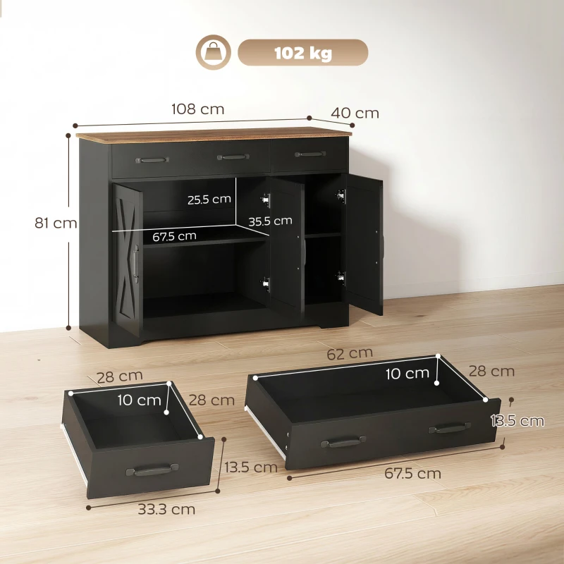 HOMCOM Bufet bucătărie, mobilier de depozitare cu 3 uși tip hambar, 2 sertare și polițe reglabile, 108 x 40 x 81 cm, negru