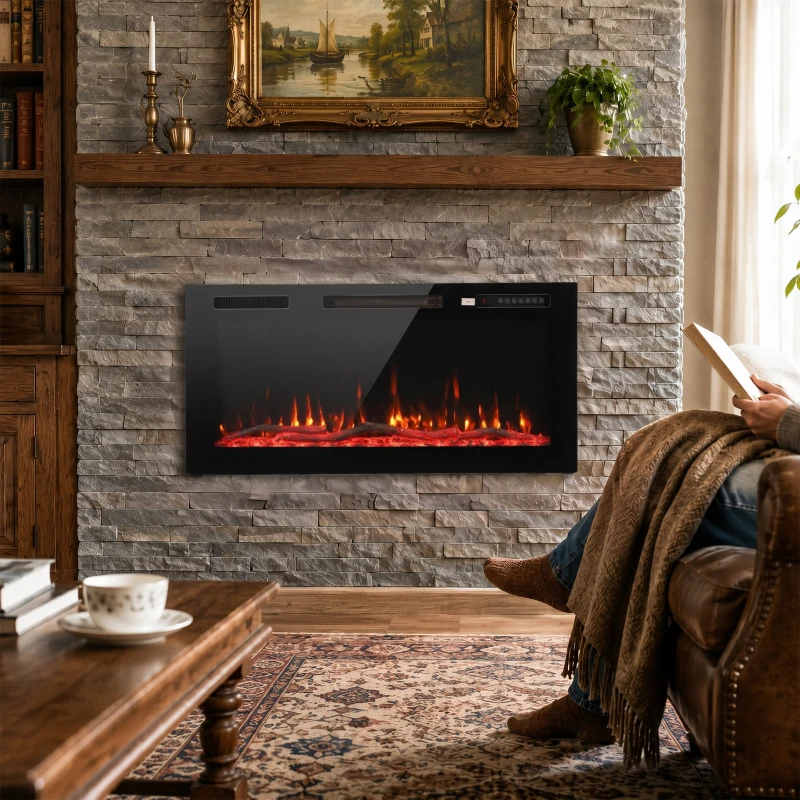 HOMCOM Șemineu electric cu efect de flacără și montare pe perete cu telecomandă