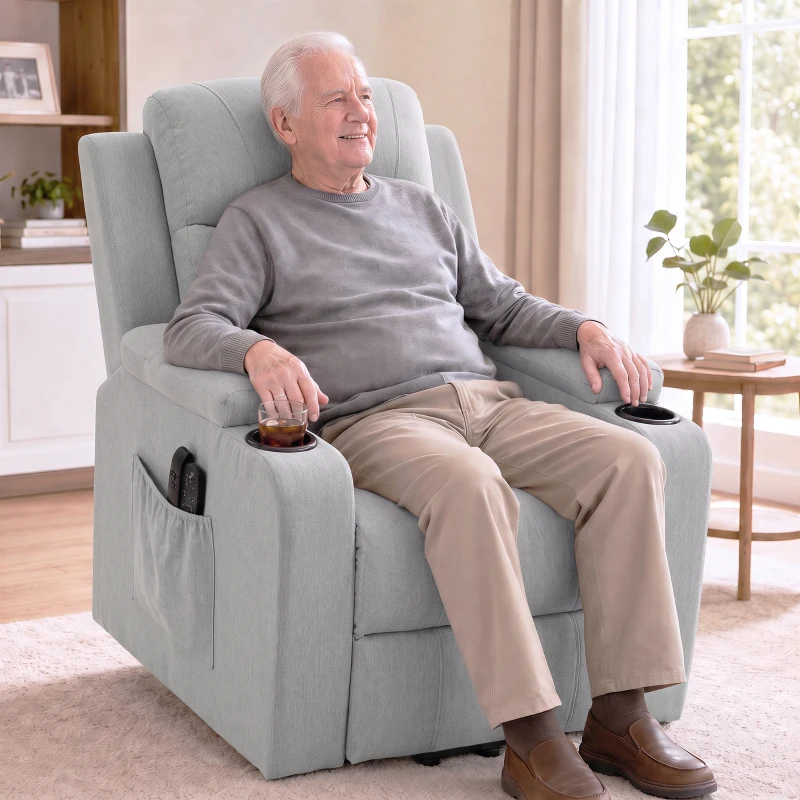 HOMCOM Sillón Elevador Eléctrico Masaje Vibración y Calor, Sillón Relax Eléctrico, Respaldo Reclinable, Puerto USB, Gris