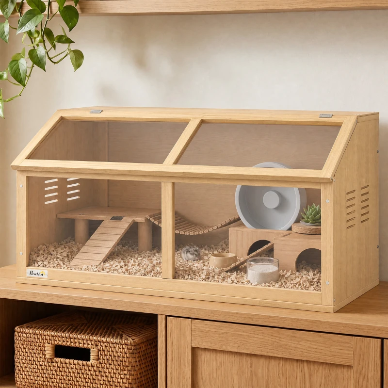 PawHut Cage pour hamster en bois 100 x 52 x 50 cm Grande cage pour rongeurs avec rangement, toit rabattable, fenêtre en acrylique, ouverture de ventilation, plateforme