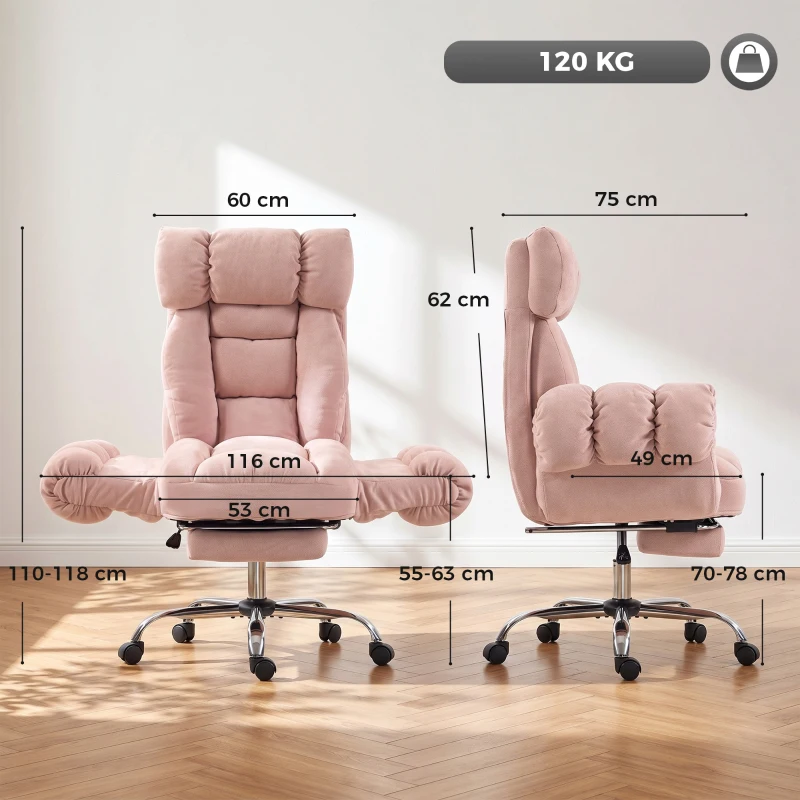 HOMCOM Chaise de bureau ergonomique avec repose-pieds accoudoirs et dossier haut rabattables inclinable 135° hauteur réglable Rose